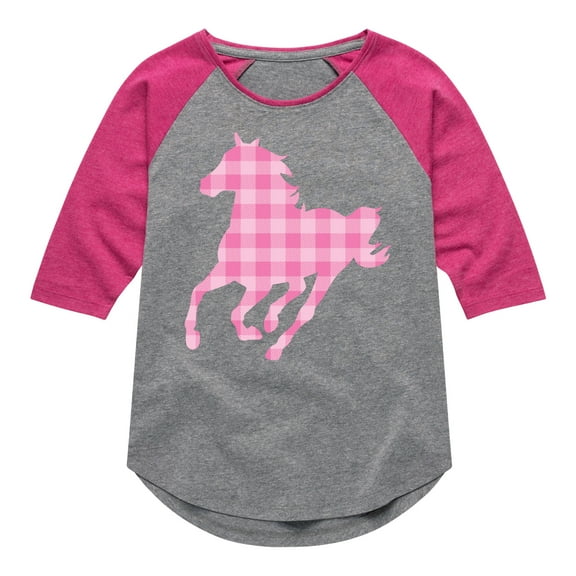 Instant Message - Pink Gingham Horse - Toddler & Youth Girls Raglan Graphic T-Shirt