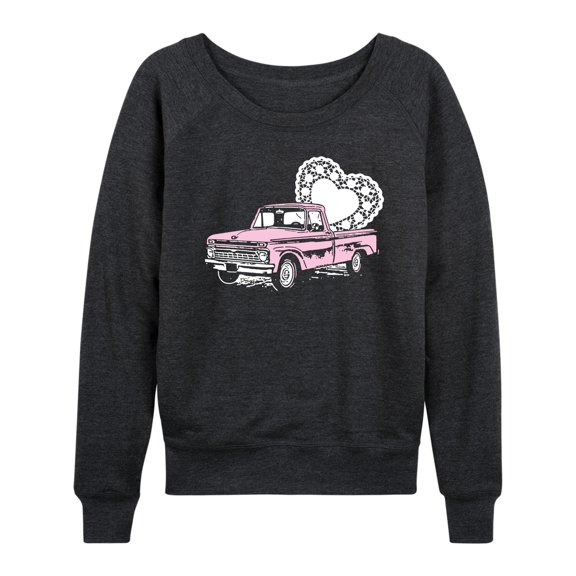 Instant Message - Pink Truck With Doily Heart - Women's Lightweight French Terry Long Sleeve Shirt