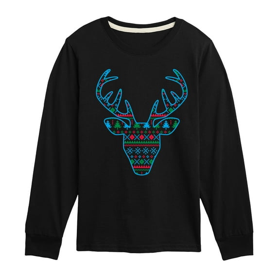 Instant Message - Pixel Sweater Deer Christmas - Toddler & Youth Long Sleeve Graphic T-Shirt