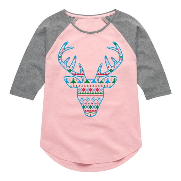 Instant Message - Pixel Sweater Deer Christmas - Toddler & Youth Girls Raglan Graphic T-Shirt