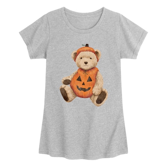 Instant Message - Pumpkin Teddy Bear Girls' Fitted Short Sleeve Graphic T-Shirt