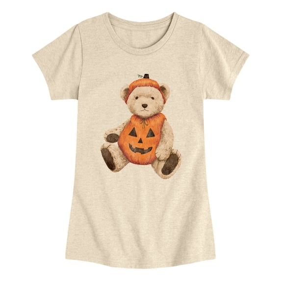 Instant Message - Pumpkin Teddy Bear Girls' Fitted Short Sleeve Graphic T-Shirt