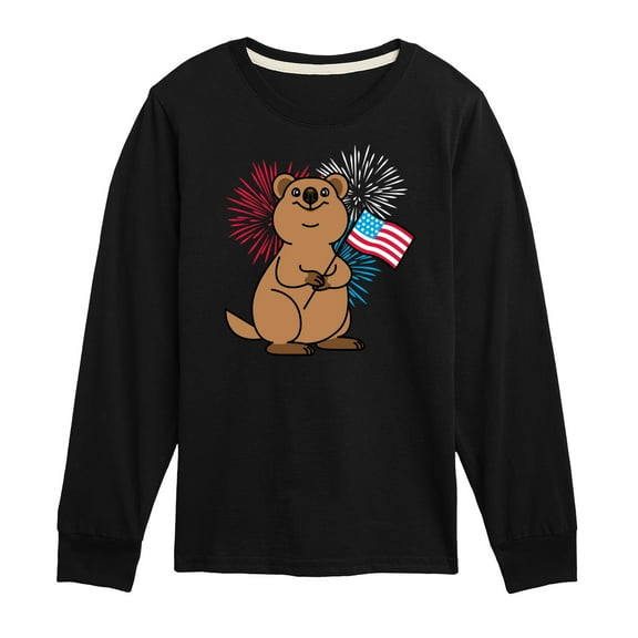 Instant Message - Quokka with American Flag & Fireworks - Toddler & Youth Long Sleeve Graphic T-Shirt
