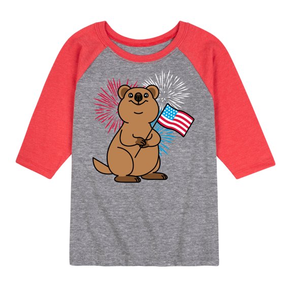Instant Message - Quokka with American Flag & Fireworks - Toddler & Youth Raglan Graphic T-Shirt