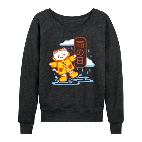 Instant Message - Rainy Day Kawaii Cat - Women's Lightweight French Terry Long Sleeve Shirt