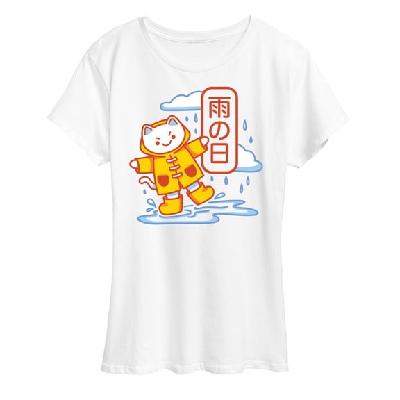 Instant Message - Rainy Day Kawaii Cat - Women's Short Sleeve Graphic T-Shirt