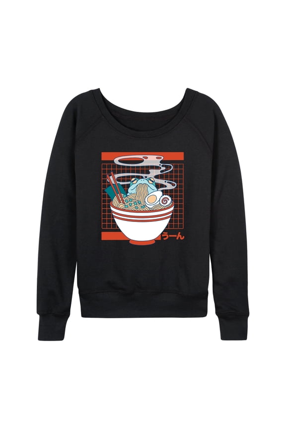 - Kawaii Frog Eating Ramen Lightweight French Terry Wide Neck Long Sleeve Graphic Shirt