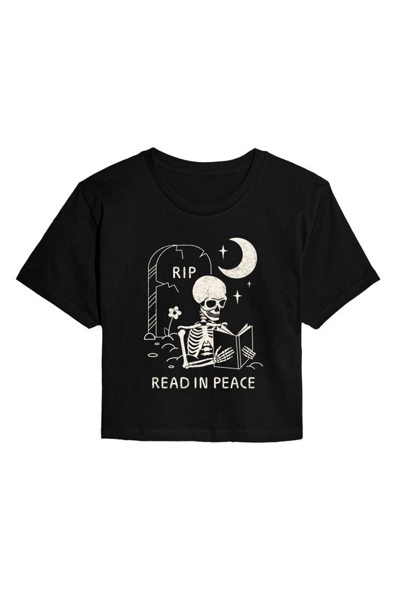 - Read in Peace Skeleton - Juniors Cropped Graphic T-Shirt