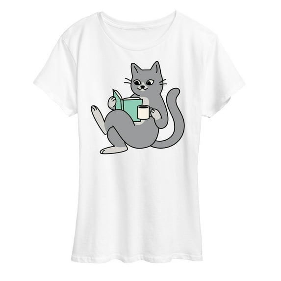 Instant Message - Reading Cat Coffee - Women's Short Sleeve Graphic T-Shirt