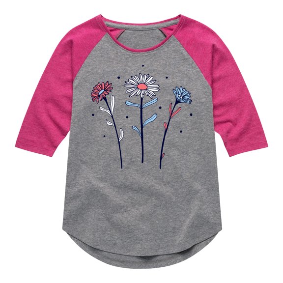 Instant Message - Red White Blue Daisies - Toddler & Youth Girls Raglan Graphic T-Shirt