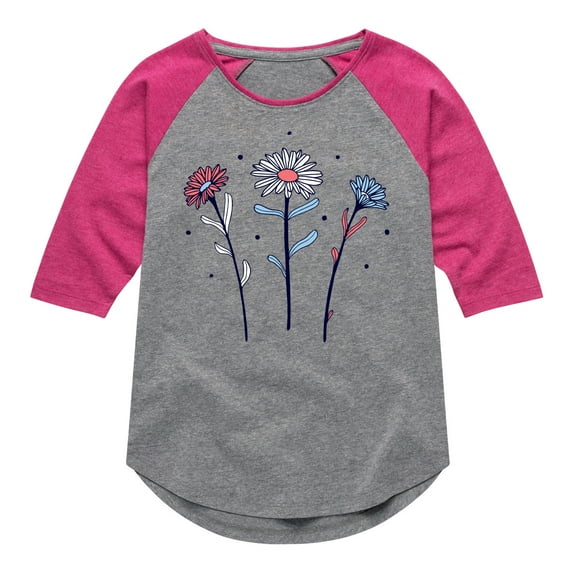 Instant Message - Red White Blue Daisies - Toddler & Youth Girls Raglan Graphic T-Shirt