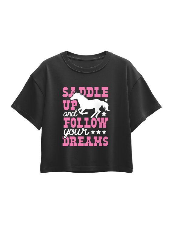 - Saddle Up And Follow Your Dreams Girls' Short Sleeve Boxy Graphic T-Shirt