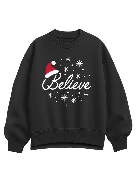 - Santa Hat Believe Women's Oversized Fleece Crew Sweatshirt