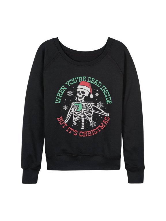 - Santa Skeleton Women's Lightweight French Terry Wide Neck Long Sleeve Graphic Shirt