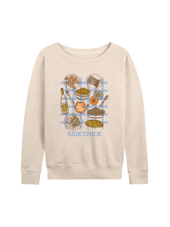 - Side Chick Thanksgiving Women's Lightweight French Terry Wide Neck Long Sleeve Graphic Shirt