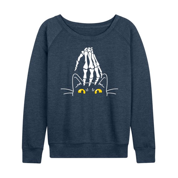 Instant Message - Skeleton Hand Petting Black Cat Lightweight French Terry Wide Neck Long Sleeve Graphic Shirt