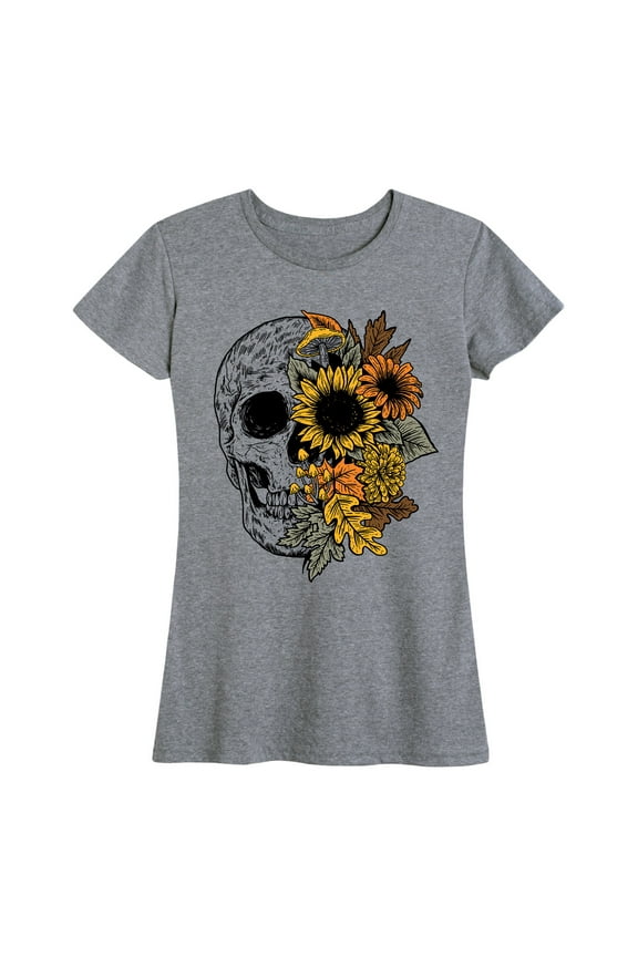 - Skull With Fall Foliage - Women And Plus Size Short Sleeve Graphic T-Shirt