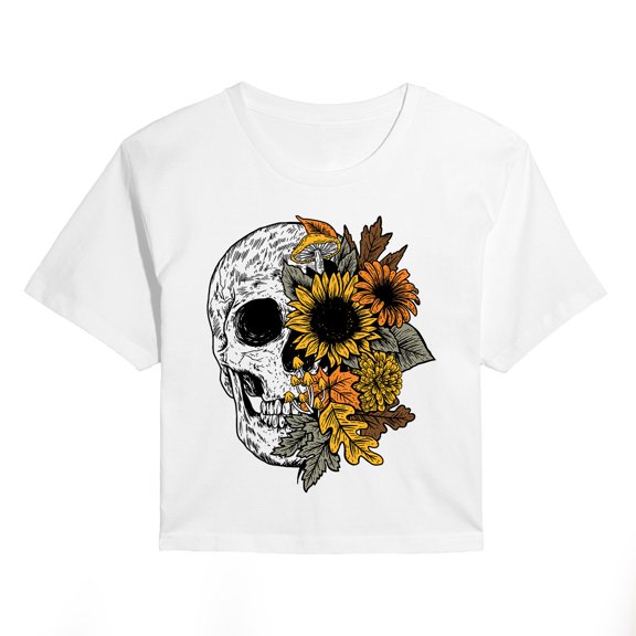 Instant Message - Skull With Fall Foliage - Women's Cropped Graphic T-Shirt