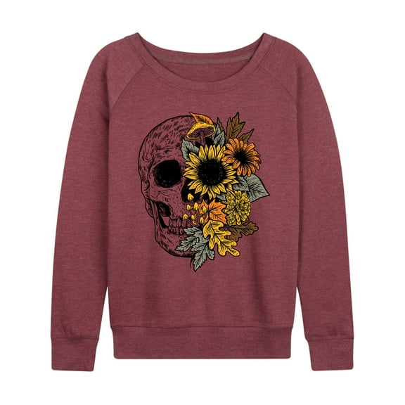 Instant Message - Skull With Fall Foliage - Women's French Terry Pullover Long Sleeve Shirts