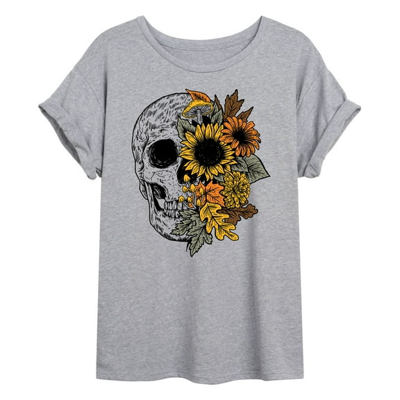 Instant Message - Skull With Fall Foliage - Women's Oversized Graphic T-Shirt
