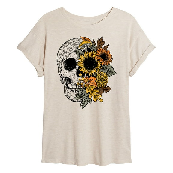 Instant Message - Skull With Fall Foliage - Women's Oversized Graphic T-Shirt