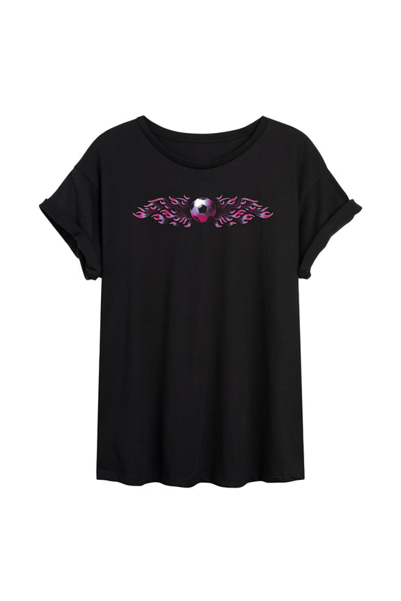 - Soccer Flames Pink - Juniors Oversized Graphic T-Shirt