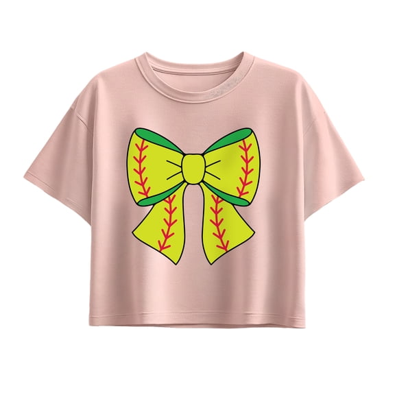 Instant Message - Softball Bow - Youth Girl Short Sleeve Boxy Tee