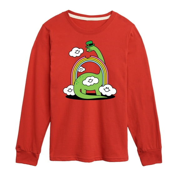 Instant Message - St. Patrick's Day - Dinosaur Eatting a Rainbow with a St. Patrick's Day Hat - Toddler And Youth Long Sleeve Graphic T-Shirt