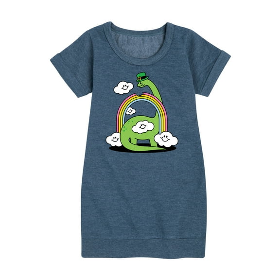 Instant Message - St. Patrick's Day - Dinosuar Eating a Rainbow with a Leprechaun's Hat - Toddler And Youth Girls Fleece Dress