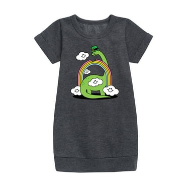 Instant Message - St. Patrick's Day - Dinosuar Eating a Rainbow with a Leprechaun's Hat - Toddler And Youth Girls Fleece Dress