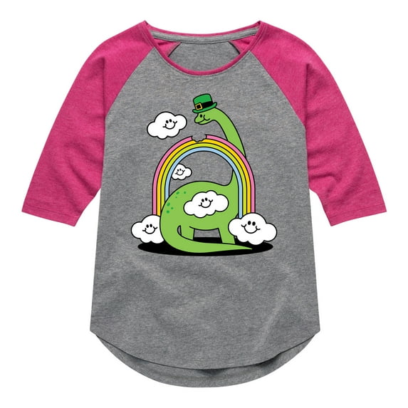 Instant Message - St. Patrick's Day - Dinosuar Eating a Rainbow with a Leprechaun's Hat - Toddler And Youth Girls Raglan Graphic T-Shirt