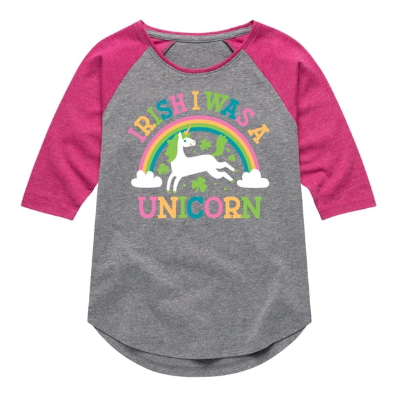 Instant Message - St. Patrick's Day - Irish I Was A Unicorn - Rainbow - Toddler And Youth Girls Raglan Graphic T-Shirt
