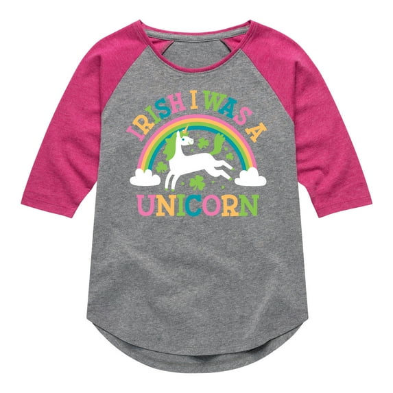 Instant Message - St. Patrick's Day - Irish I Was A Unicorn - Rainbow - Toddler And Youth Girls Raglan Graphic T-Shirt