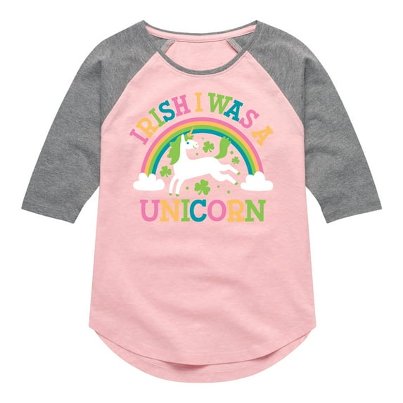 Instant Message - St. Patrick's Day - Irish I Was A Unicorn - Rainbow - Toddler And Youth Girls Raglan Graphic T-Shirt
