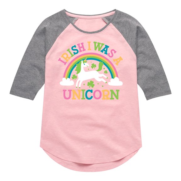 Instant Message - St. Patrick's Day - Irish I Was A Unicorn - Rainbow - Toddler And Youth Girls Raglan Graphic T-Shirt