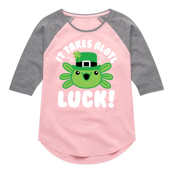 Instant Message - St. Patrick's Day - It Takes Alotl Luck - Axolotl - Toddler And Youth Girls Raglan Graphic T-Shirt
