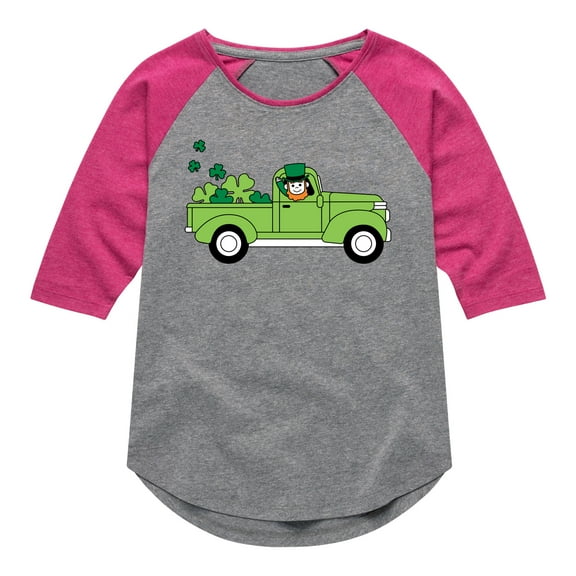 Instant Message - St. Patrick's Day - Leprechaun Truck Delivering Shamrocks - Toddler And Youth Girls Raglan Graphic T-Shirt