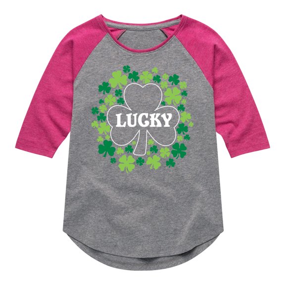 Instant Message - St. Patrick's Day - Lucky - Shamrocks - Toddler And Youth Girls Raglan Graphic T-Shirt