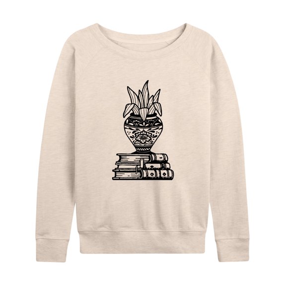 Instant Message - Stack Of Books With Plant - Women's Lightweight French Terry Long Sleeve Shirt