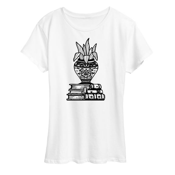Instant Message - Stack Of Books With Plant - Women's Short Sleeve Graphic T-Shirt