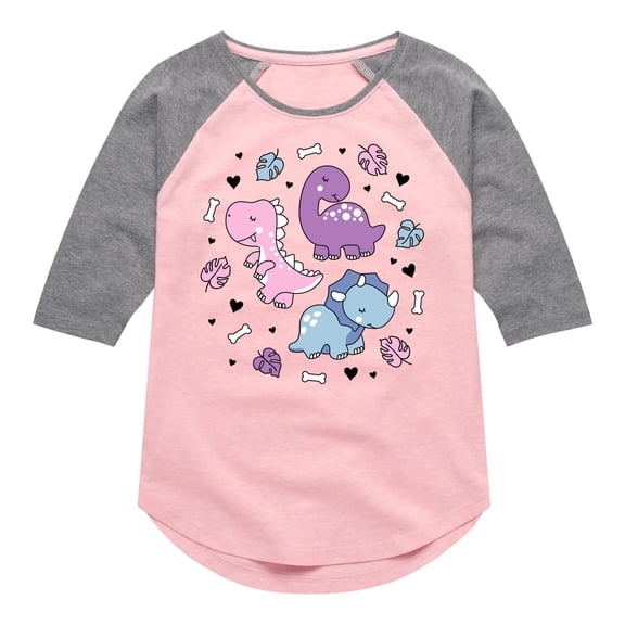 Instant Message - Stacked Girly Dinos - Toddler And Youth Girls Raglan Graphic T-Shirt