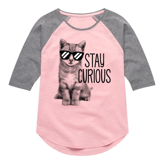 Instant Message - Stay Curious Cat - Toddler & Youth Girls Raglan Graphic T-Shirt