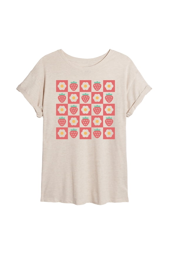 - Strawberry Flower Grid Red - Women's Oversized Graphic T-Shirt