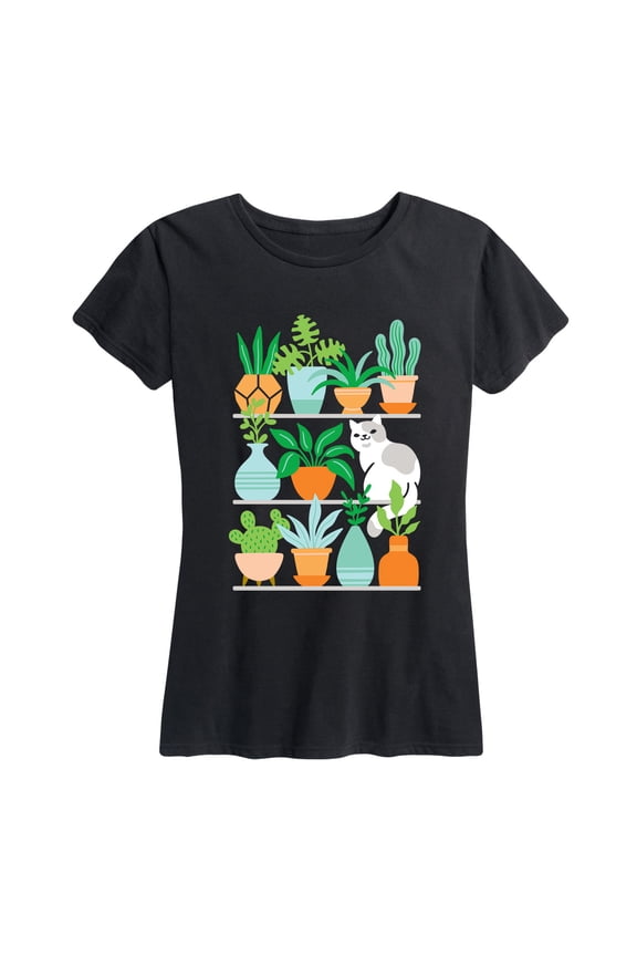 - Succulents Cat on Shelves - Women's Short Sleeve Graphic T-shirt