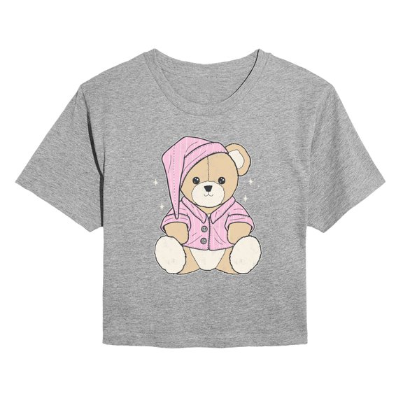 Instant Message - Teddy Bear In PJs - Juniors Cropped Short Sleeve Graphic T-Shirt