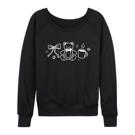 Instant Message - Teddy Bow Coffee Lightweight French Terry Wide Neck Long Sleeve Graphic Shirt