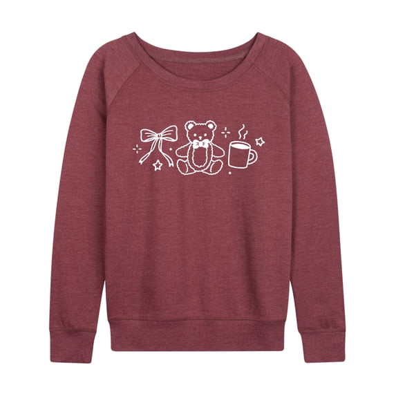Instant Message - Teddy Bow Coffee Lightweight French Terry Wide Neck Long Sleeve Graphic Shirt