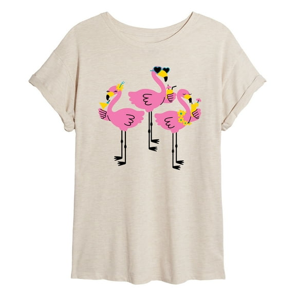 Instant Message - Three Flamingos Drinking - Women's Oversized Graphic T-Shirt
