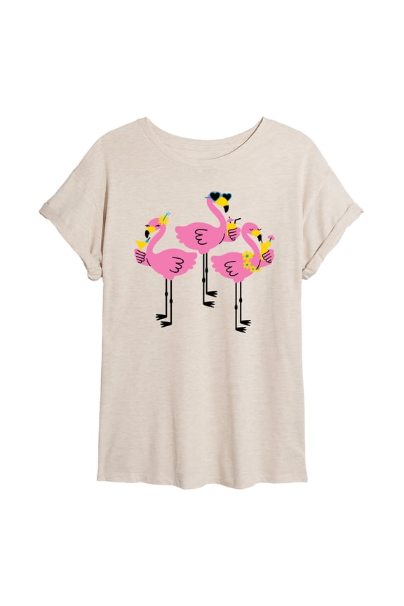 - Three Flamingos Drinking - Women's Oversized Graphic T-Shirt