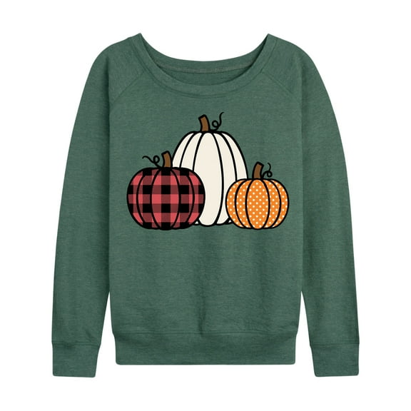 Instant Message - Three Patterned Pumpkins Buffalo Solid Spots - Women And Plus Size French Terry Long Sleeve Shirt